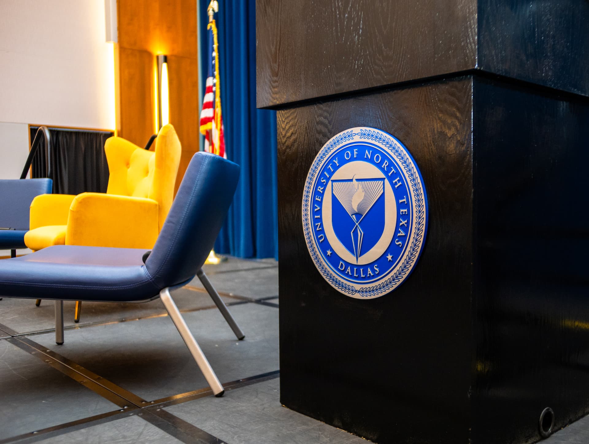 Stage seating and podium at The Gold Chair