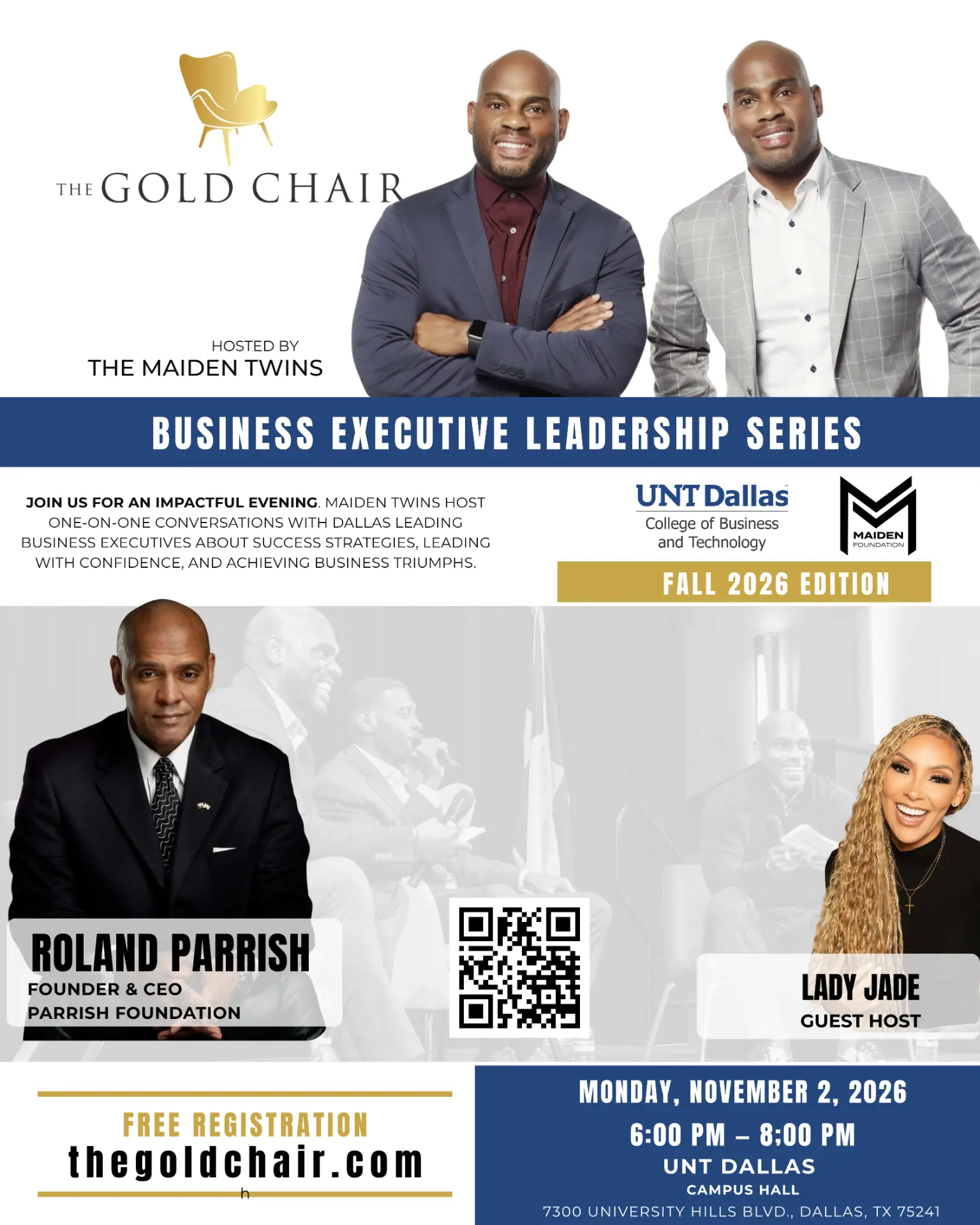 The complete Fall 2026 Gold Chair event flyer featuring Roland Parrish and Lady Jade